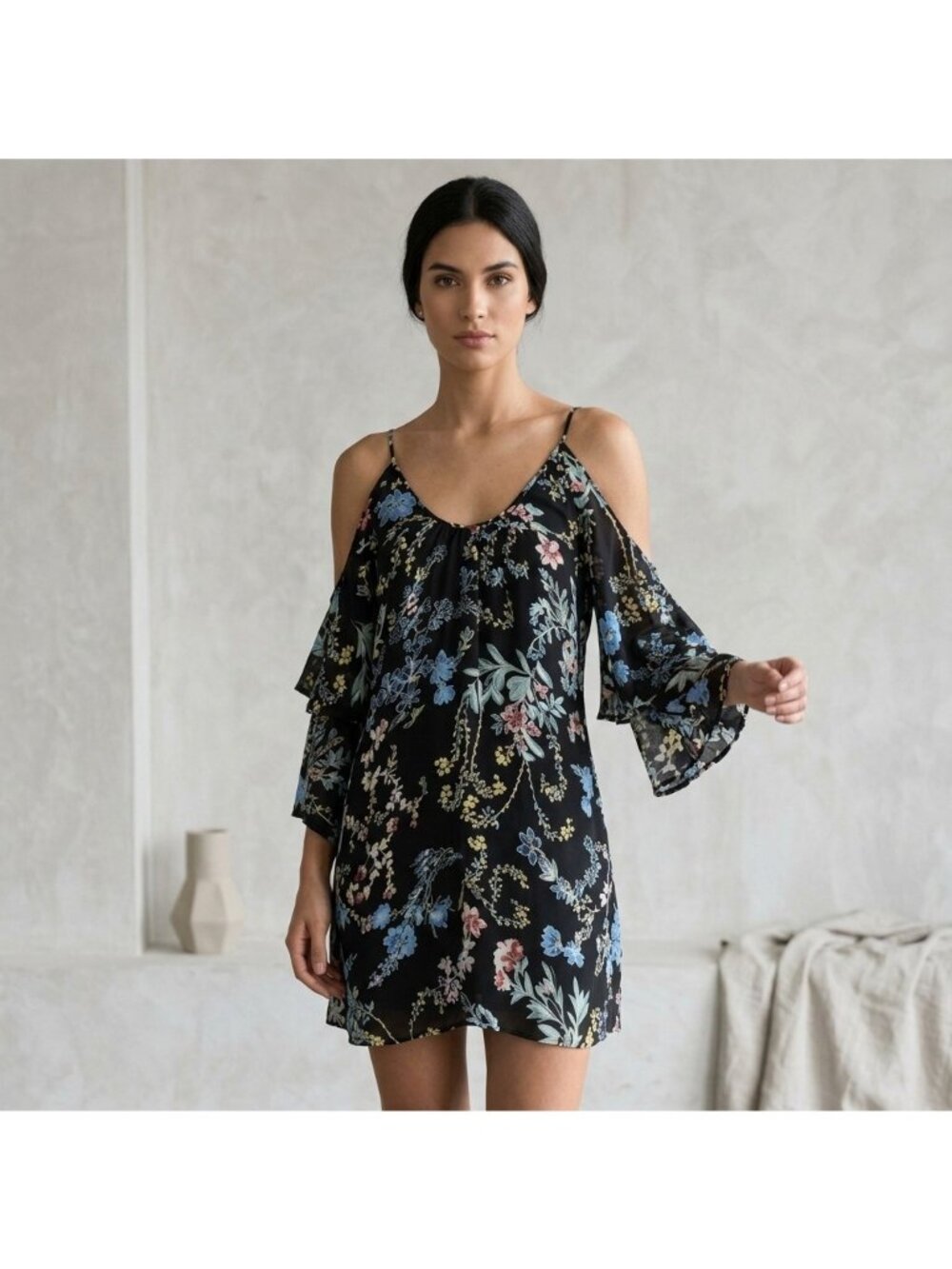 Parker Agave Silk Floral Mini Dress Womens XS Black Cold Shoulder Flutter Sleeve